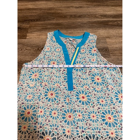 Charlie Jade Mini Dress XS Blue Geometric Mosaic 100% Silk Shift Boho Beach - Picture 3 of 9